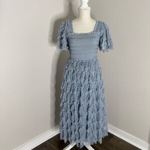 Ivy City Co Dusty Blue Smocked Midi Dress with Fringe Skirt